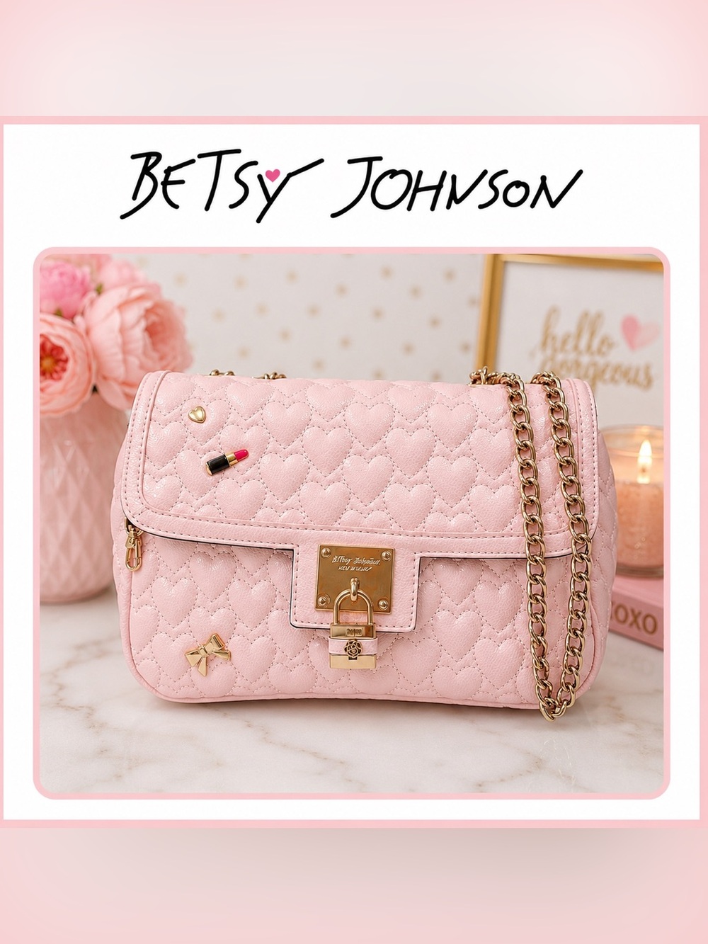 Betsey Johnson Pink Quilted Heart Crossbody Bag